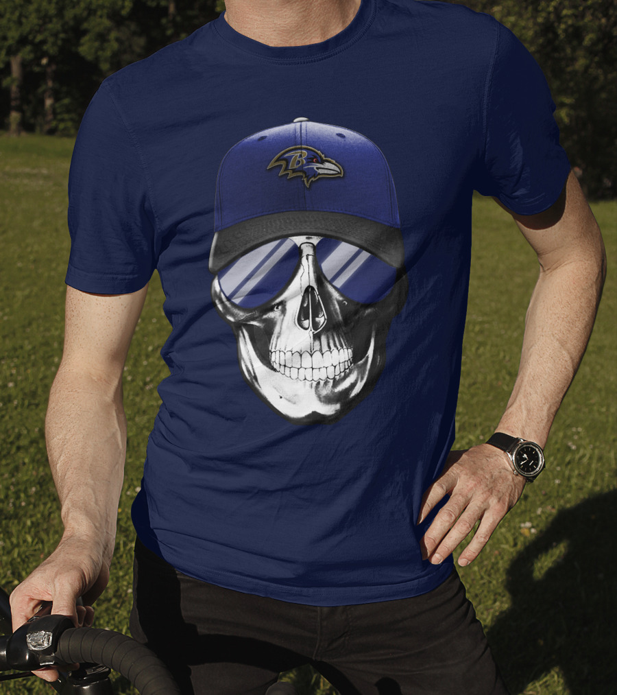 Skull With Baltimore Ravens Cap And Sunglasses T-Shirt