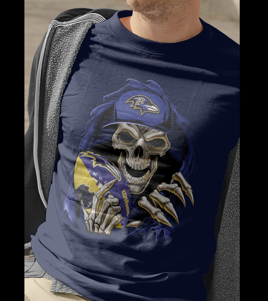 Skullbong Baltimore Ravens Skeleton With Football And Cap T-Shirt