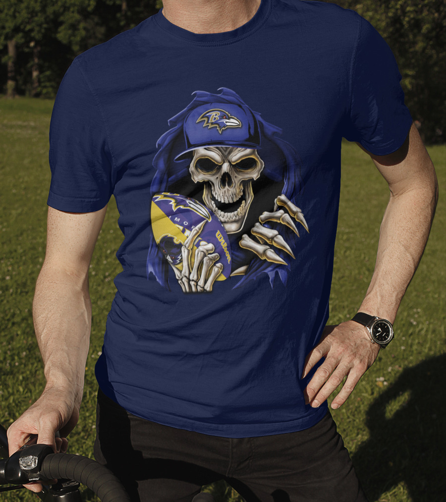 Skullbong Baltimore Ravens Skeleton With Football And Cap T-Shirt