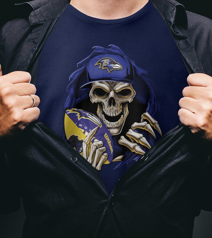 Skullbong Baltimore Ravens Skeleton With Football And Cap T-Shirt