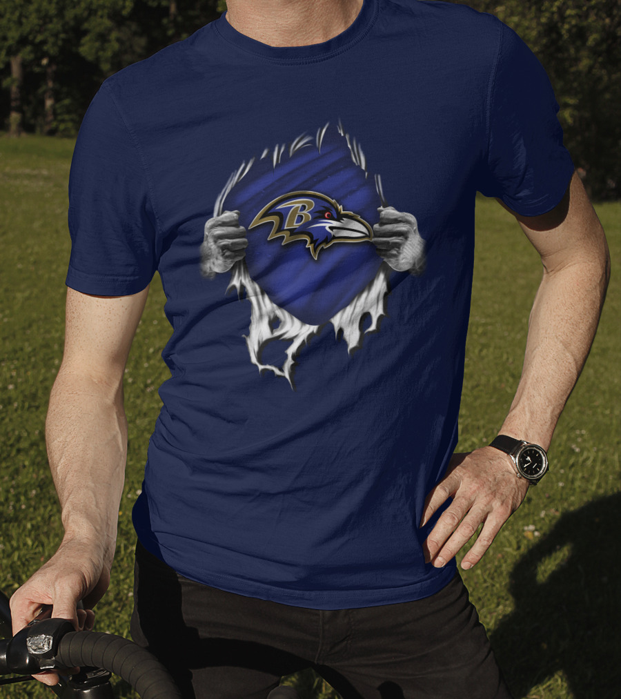 Torn V1 Baltimore Ravens Logo Burst With Hands T-Shirt