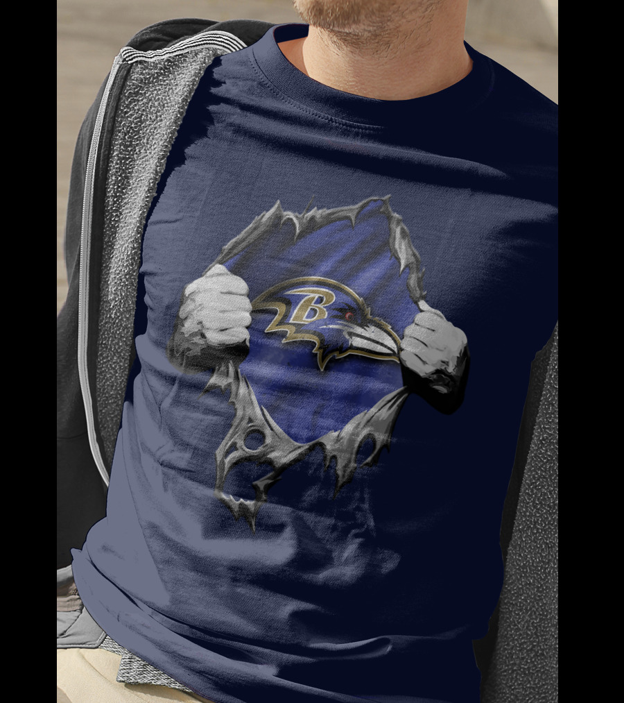 Torn V2 Baltimore Ravens Logo With Ripping Hands On Blue T-Shirt