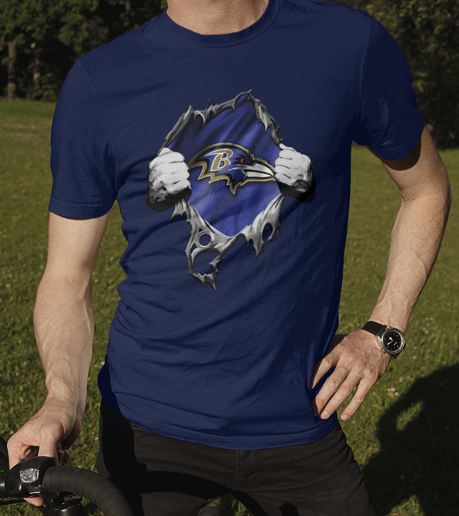 Torn V2 Baltimore Ravens Logo With Ripping Hands On Blue T-Shirt