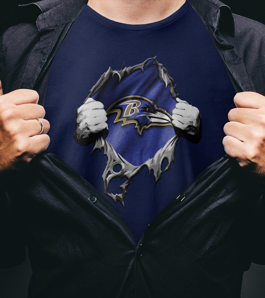 Torn V2 Baltimore Ravens Logo With Ripping Hands On Blue T-Shirt