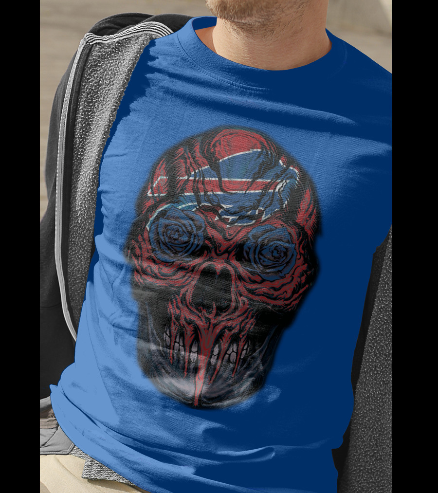 Buffalo Bills 34 Skull With Blue And Red Rose Eyes On Blue T-Shirt