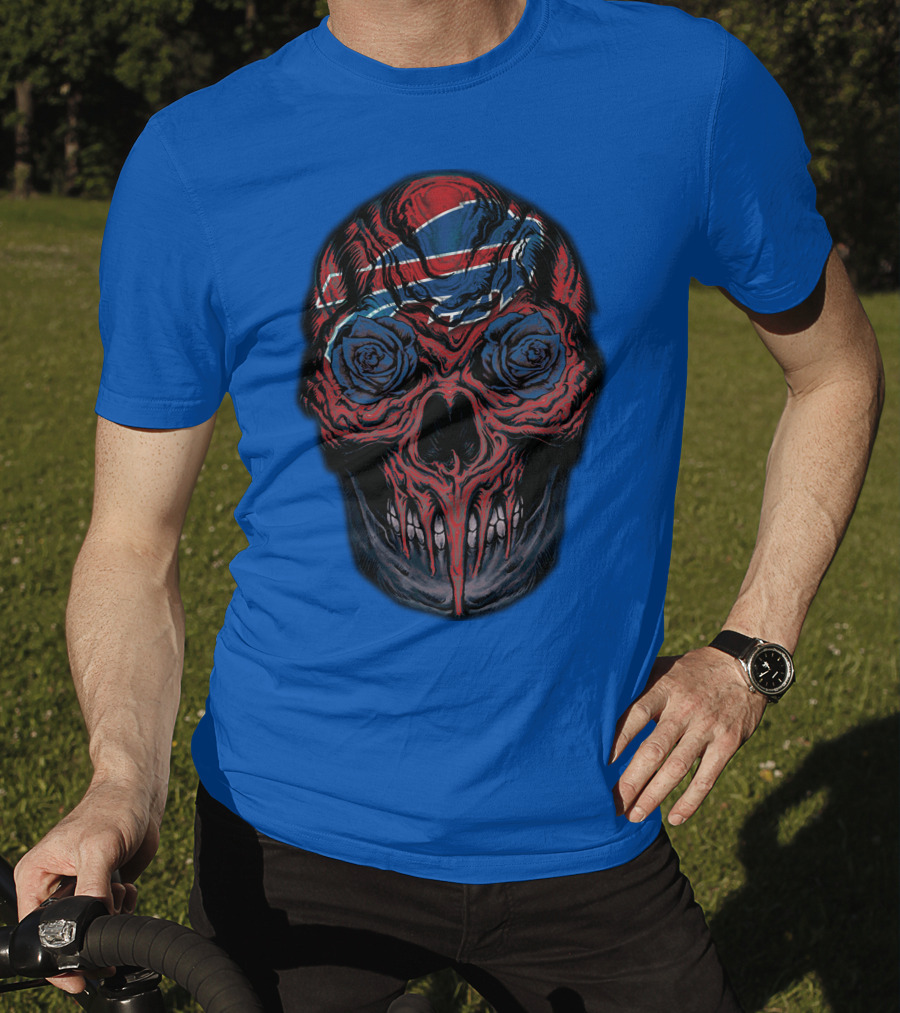 Buffalo Bills 34 Skull With Blue And Red Rose Eyes On Blue T-Shirt