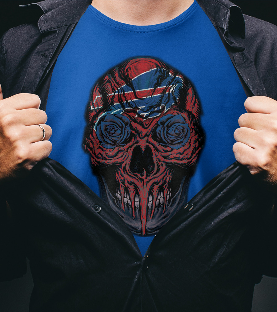 Buffalo Bills 34 Skull With Blue And Red Rose Eyes On Blue T-Shirt