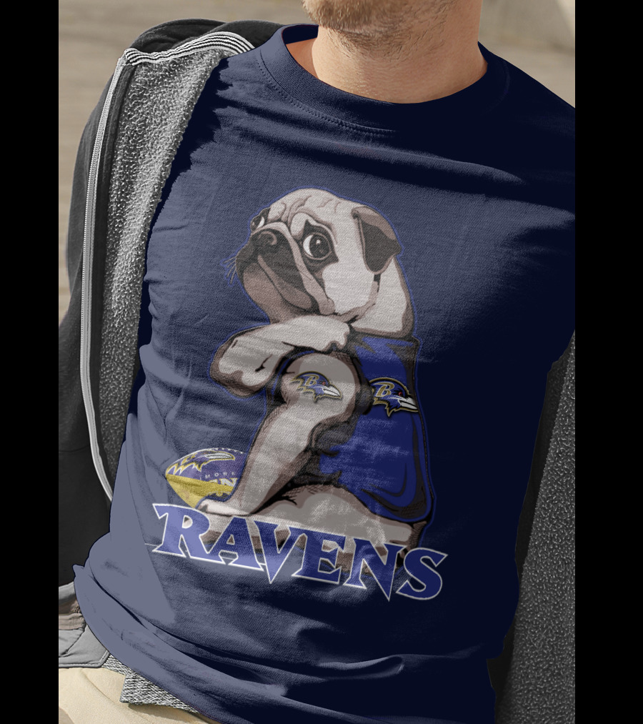 Pug Wearing Baltimore Ravens Gear With Logo And Football T-Shirt
