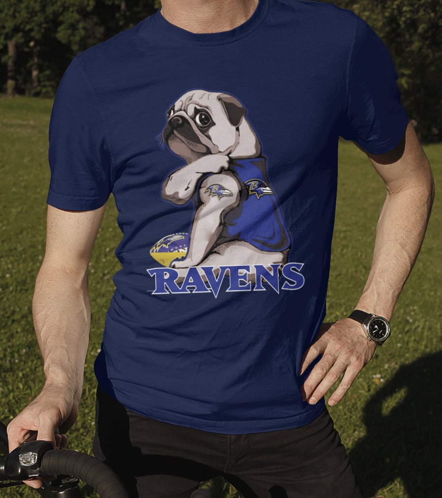 Pug Wearing Baltimore Ravens Gear With Logo And Football T-Shirt
