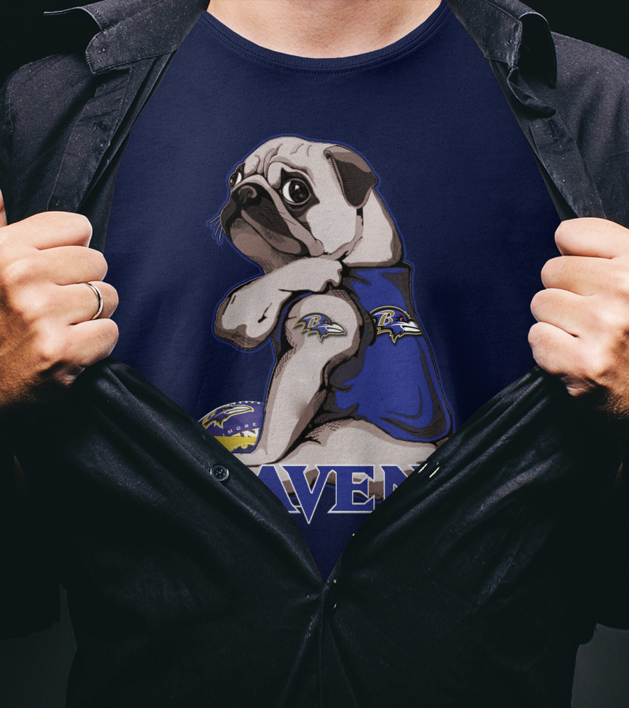 Pug Wearing Baltimore Ravens Gear With Logo And Football T-Shirt