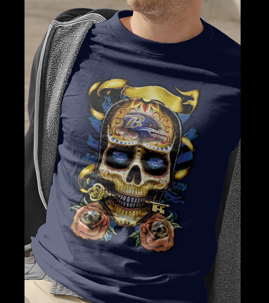 Baltimore Ravens Sugar Skull Art With Roses And Ribbon T-Shirt