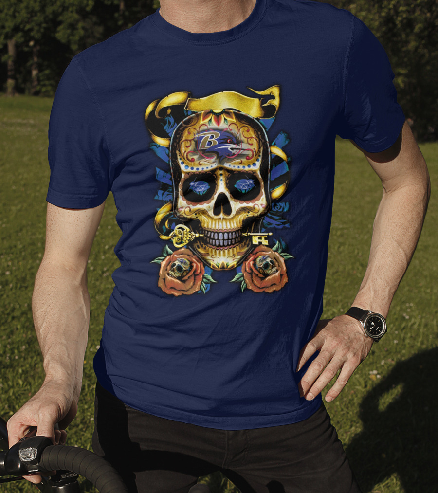 Baltimore Ravens Sugar Skull Art With Roses And Ribbon T-Shirt