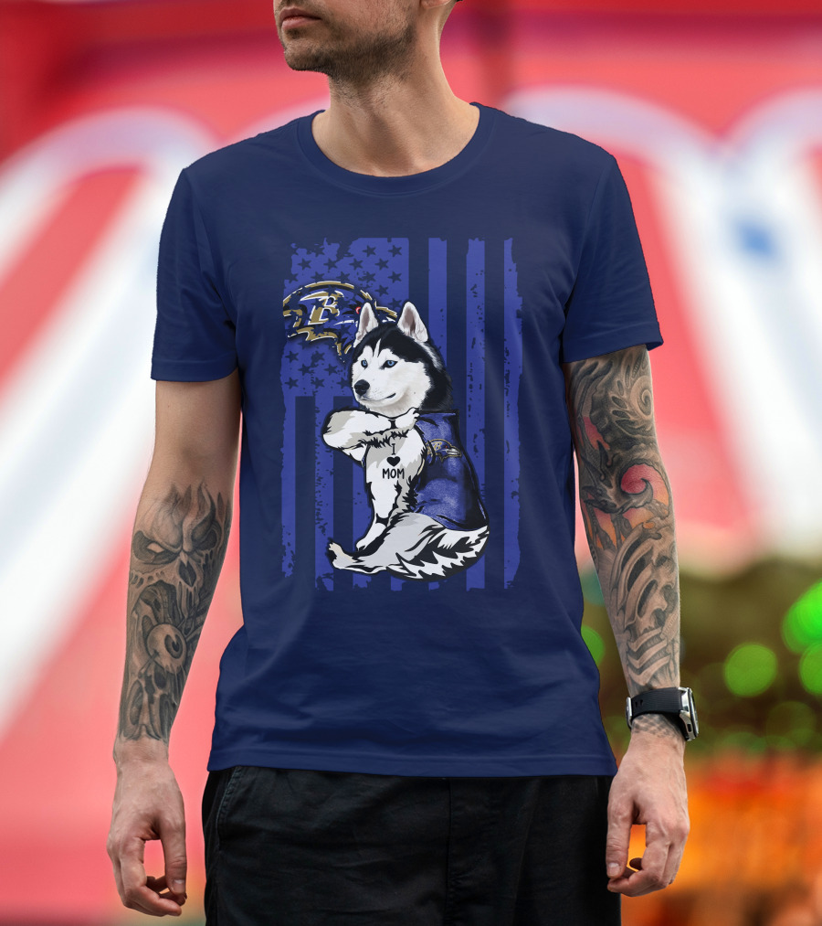 Siberian Husky Baltimore Ravens Mom Stars And Stripes T-Shirt