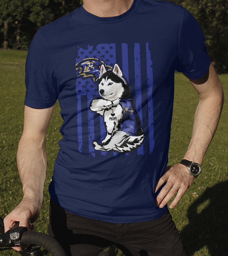 Siberian Husky Baltimore Ravens Mom Stars And Stripes T-Shirt