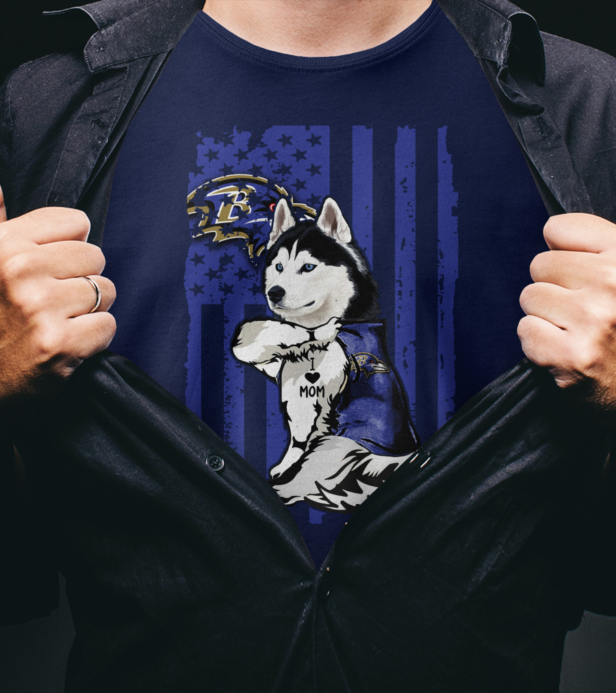 Siberian Husky Baltimore Ravens Mom Stars And Stripes T-Shirt