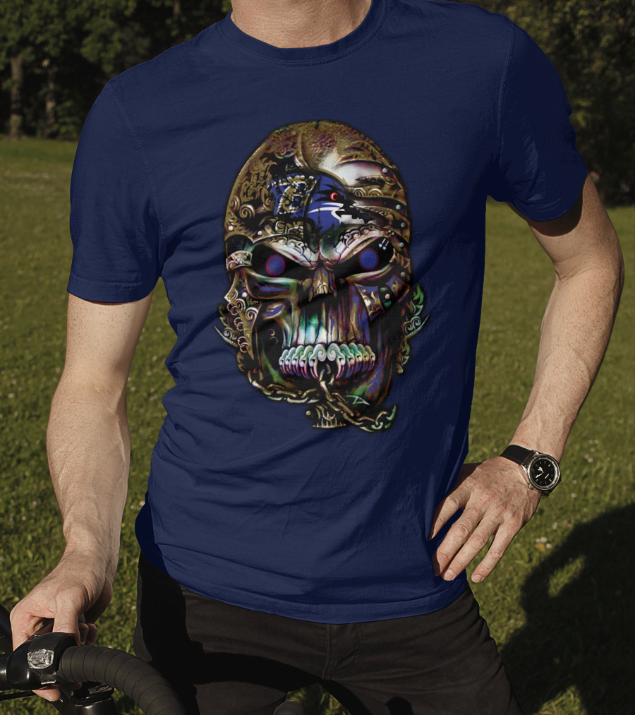 Baltimore Ravens 70 Skull Design With Ravens Logo And Metallic Elements T-Shirt