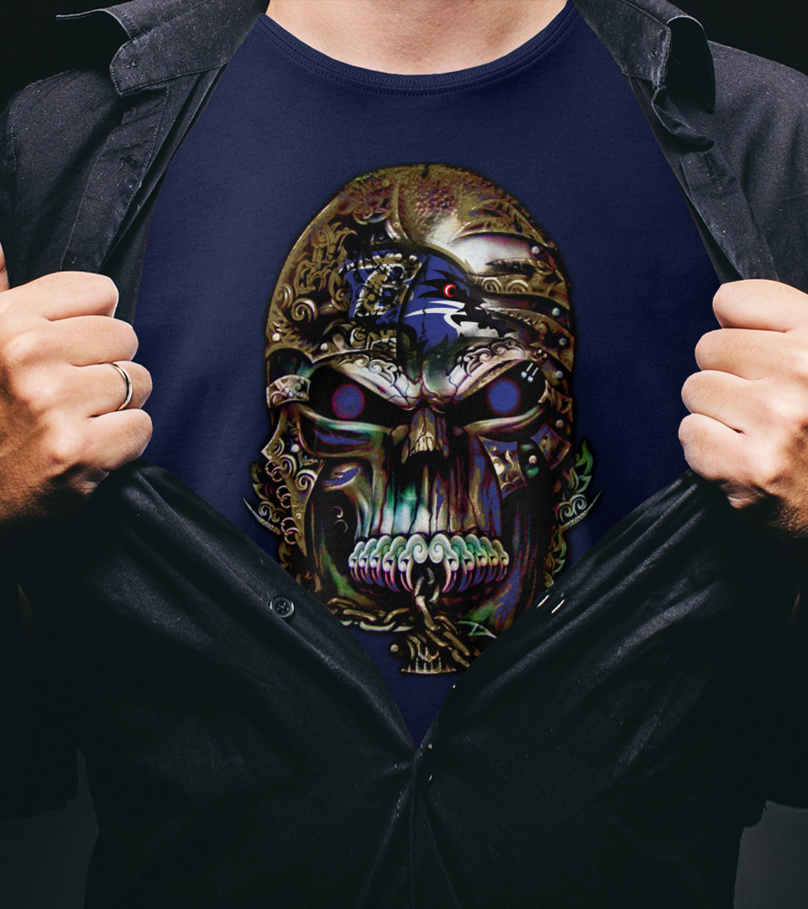 Baltimore Ravens 70 Skull Design With Ravens Logo And Metallic Elements T-Shirt