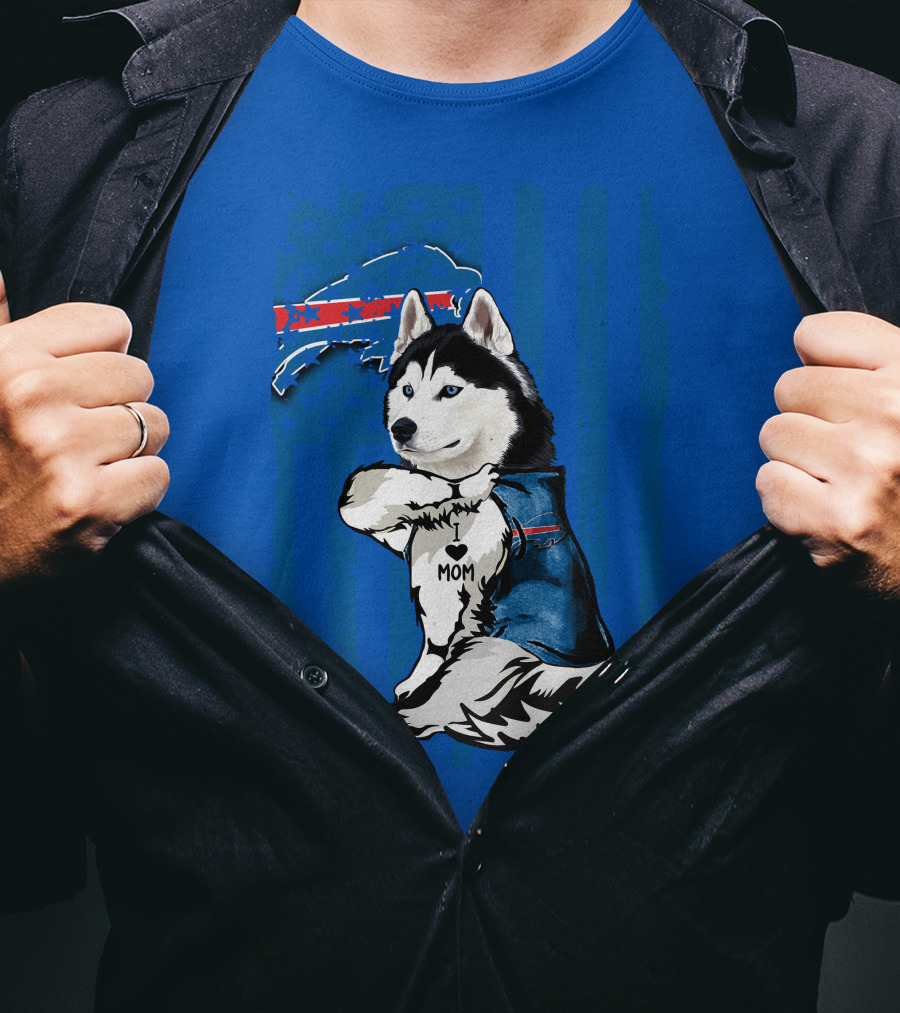 Siberian Husky Wearing Blue Buffalo Bills Vest With Heart Mom Tattoo And Flag T-Shirt