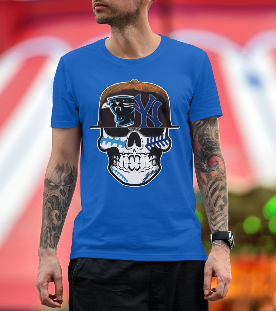 Carolina Panthers New York Yankees Skull Hat T-Shirt