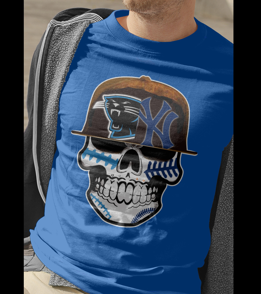 Carolina Panthers New York Yankees Skull Hat T-Shirt