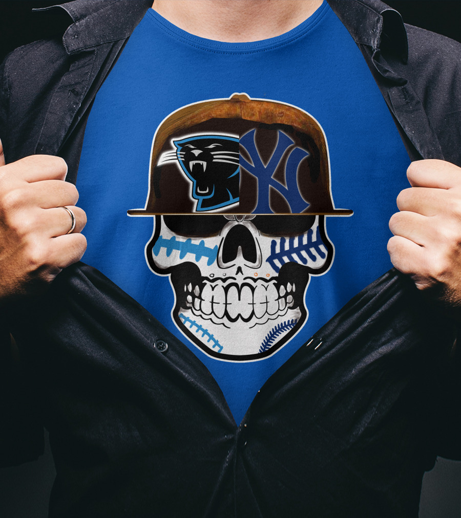 Carolina Panthers New York Yankees Skull Hat T-Shirt