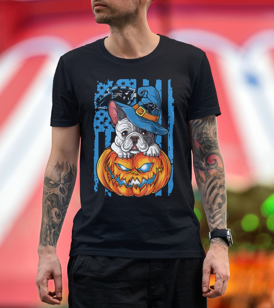 Bulldog Halloween Pumpkin Outfit Carolina Panthers Fan Style T-Shirt