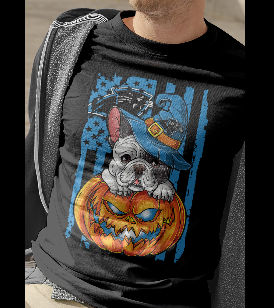 Bulldog Halloween Pumpkin Outfit Carolina Panthers Fan Style T-Shirt