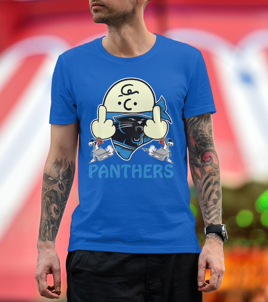 Carolina Panthers Bold Cartoon Character With Snoopy Imagery Middle Finger Salute T-Shirt