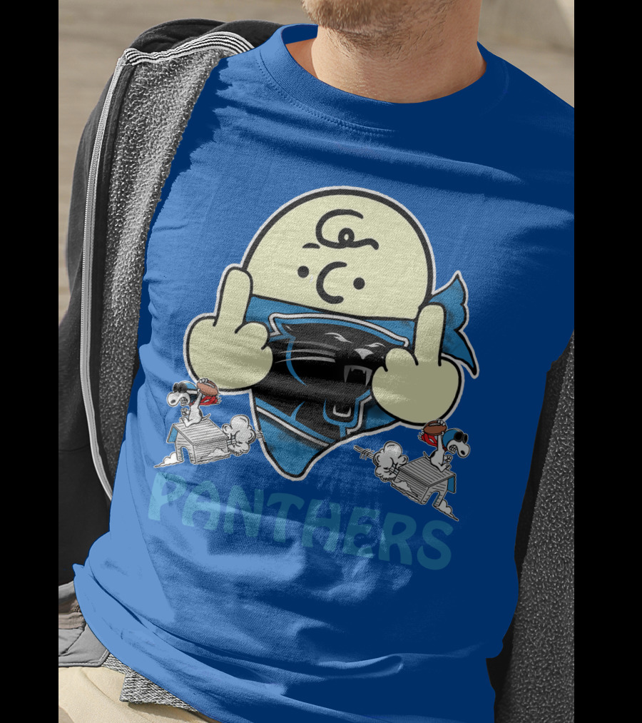 Carolina Panthers Bold Cartoon Character With Snoopy Imagery Middle Finger Salute T-Shirt