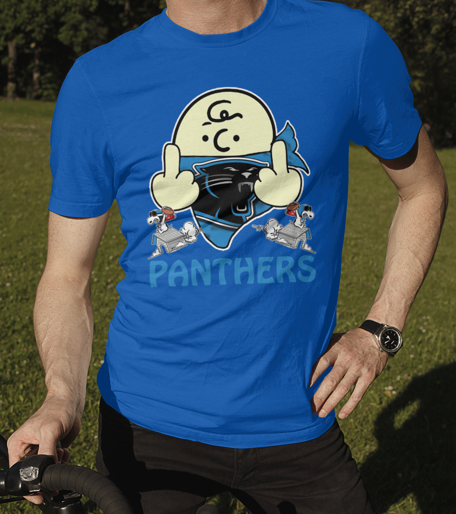 Carolina Panthers Bold Cartoon Character With Snoopy Imagery Middle Finger Salute T-Shirt