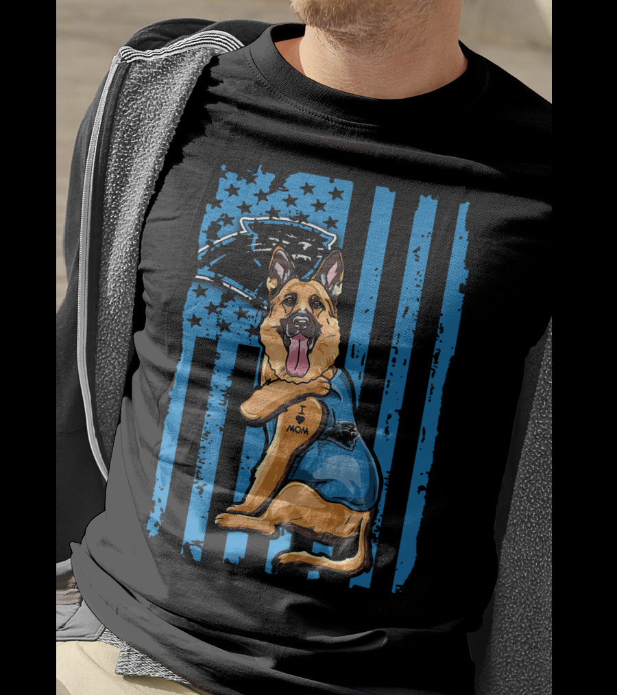 German Shepherd I Love Mom Carolina Panthers Blue American Flag T-Shirt