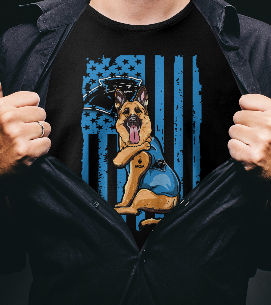 German Shepherd I Love Mom Carolina Panthers Blue American Flag T-Shirt