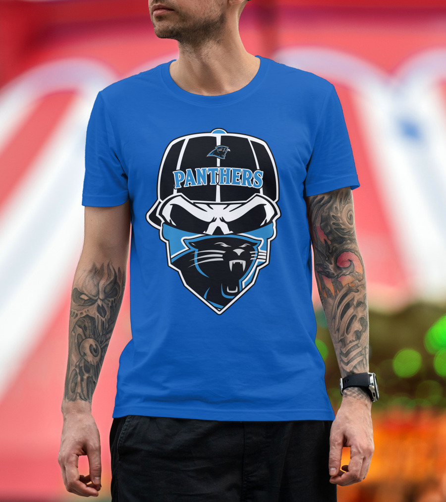 Carolina Panthers Logo And Skull With Bandana T-Shirt