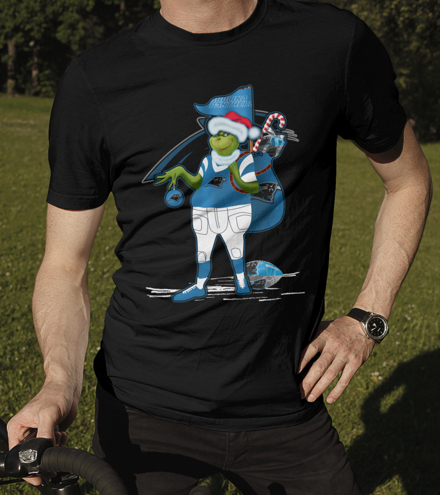 Grinchxmas Carolina Panthers Holiday Character In Team Gear Festive Football Santa Hat T-Shirt