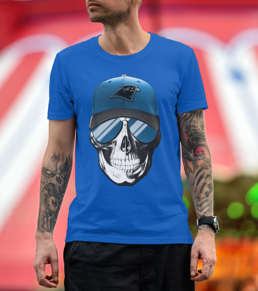 Skull Wearing Carolina Panthers Logo Hat with Reflective Sunglasses T-Shirt