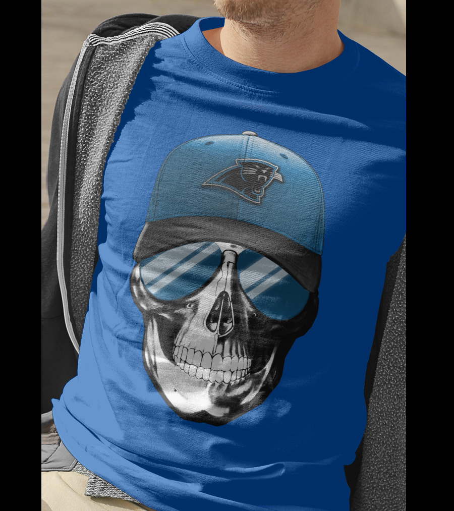 Skull Wearing Carolina Panthers Logo Hat With Reflective Sunglasses T-Shirt