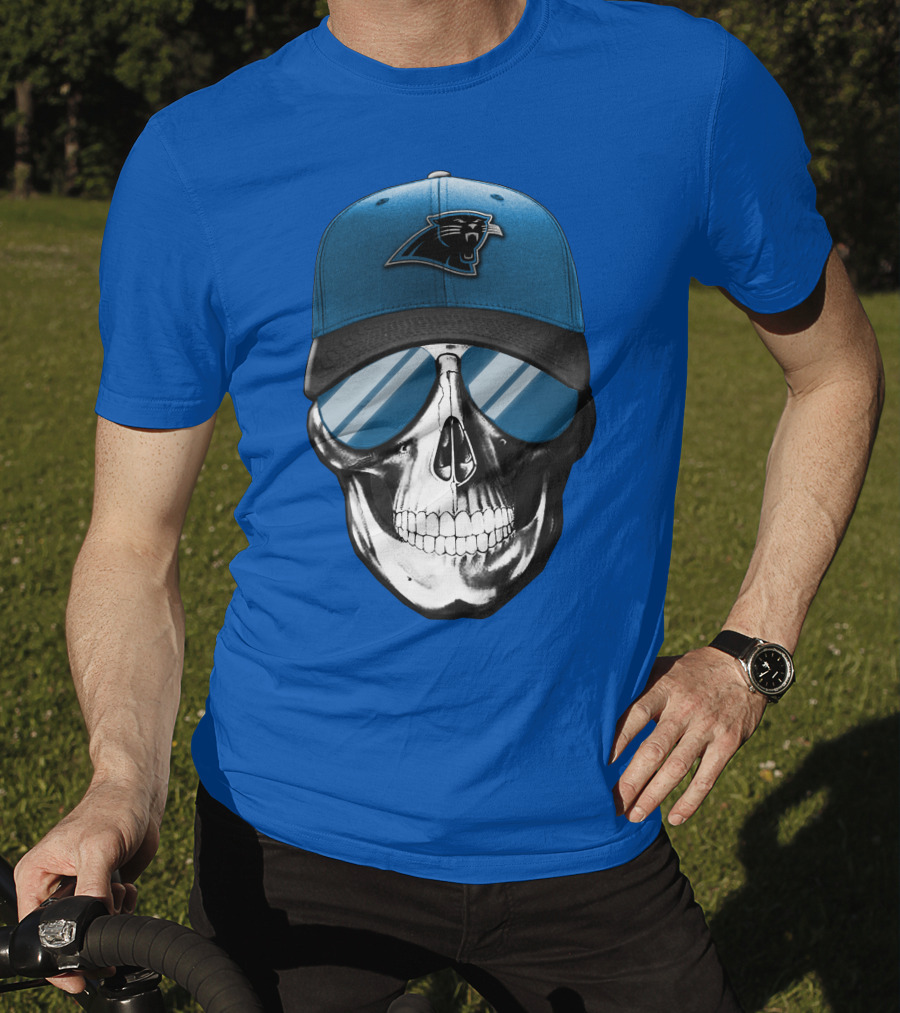 Skull Wearing Carolina Panthers Logo Hat With Reflective Sunglasses T-Shirt