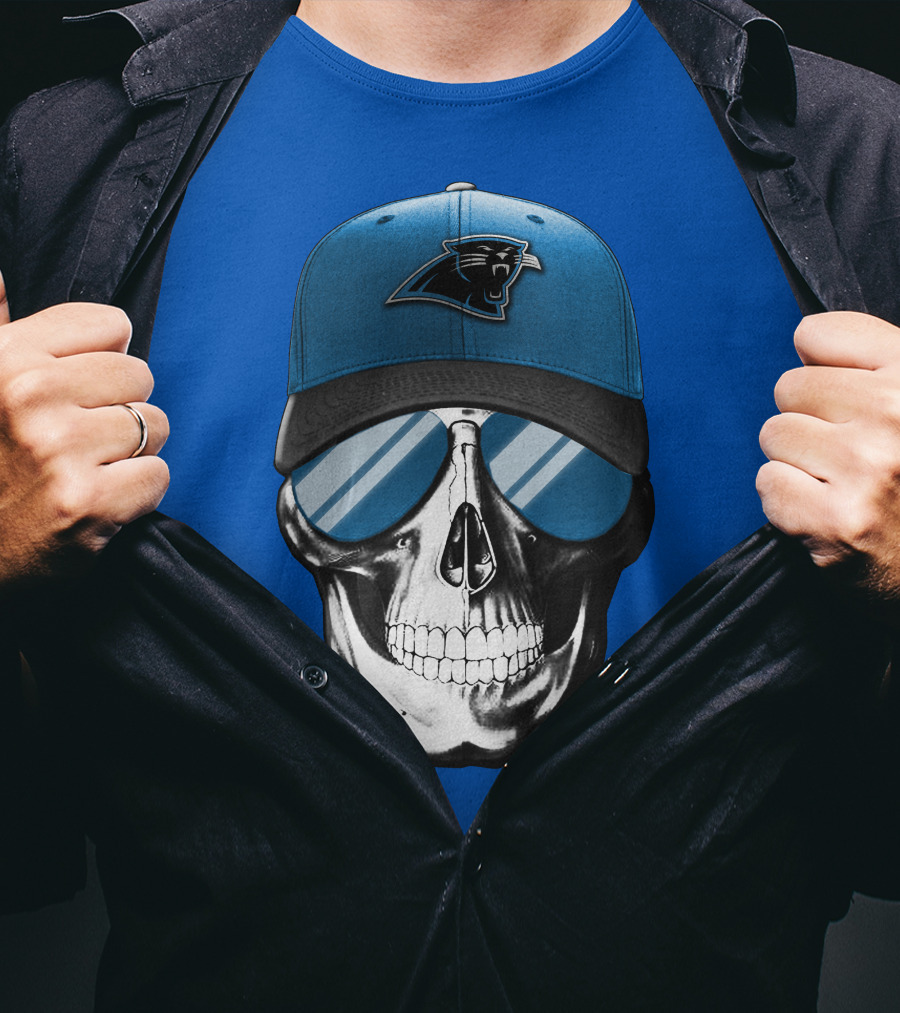 Skull Wearing Carolina Panthers Logo Hat With Reflective Sunglasses T-Shirt