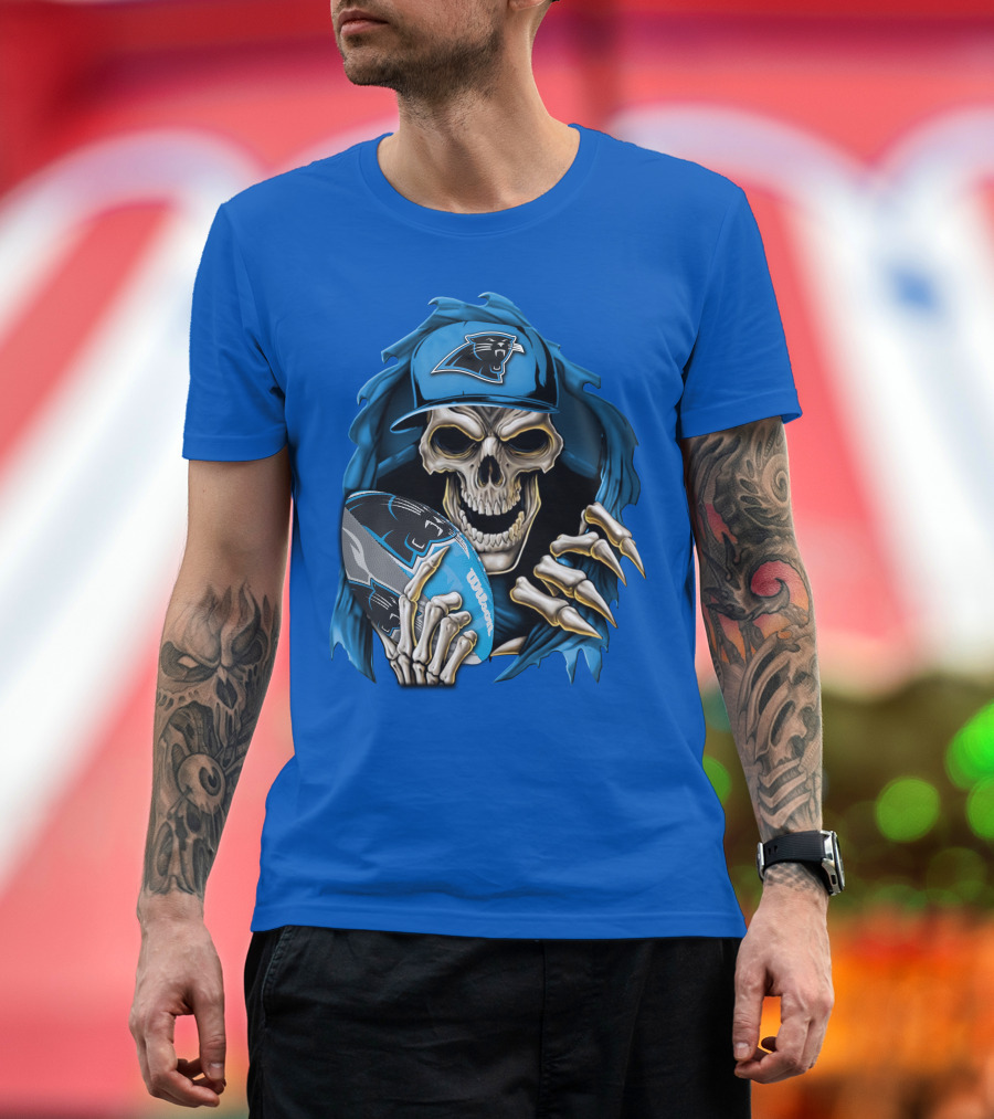 Skullbong Carolina Panthers Skeleton With Football And Team Cap T-Shirt