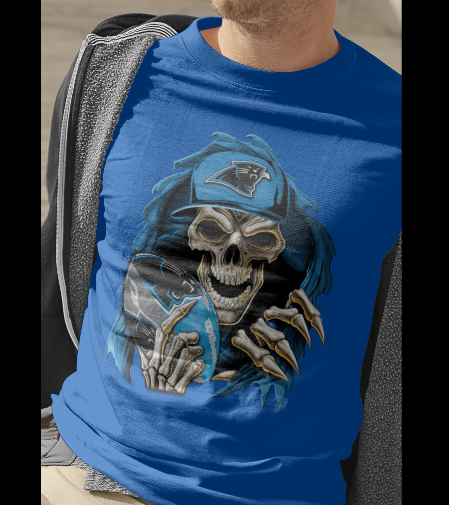 Skullbong Carolina Panthers Skeleton With Football And Team Cap T-Shirt