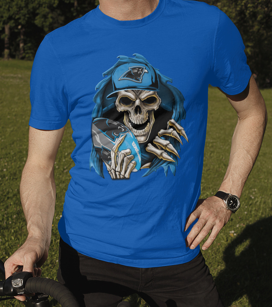 Skullbong Carolina Panthers Skeleton With Football And Team Cap T-Shirt