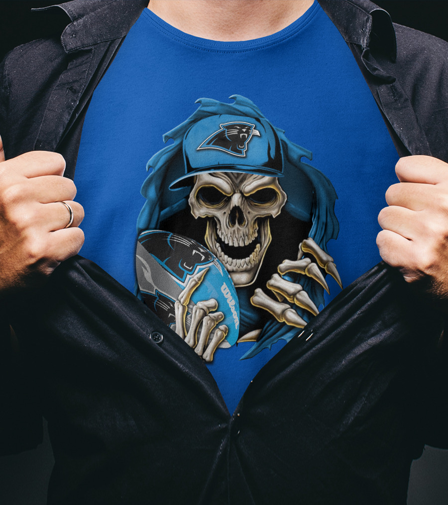 Skullbong Carolina Panthers Skeleton With Football And Team Cap T-Shirt