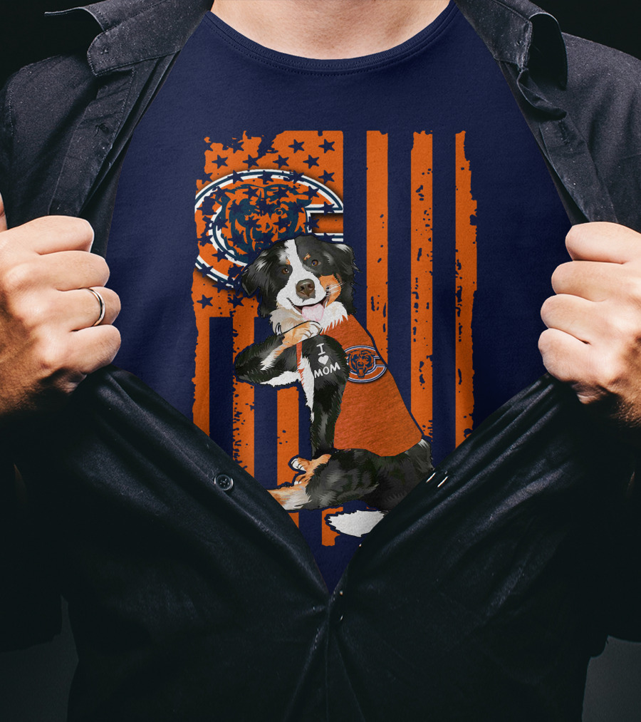 Border Collie Chicago Bears I Love Mom Football Fan Flag T-Shirt