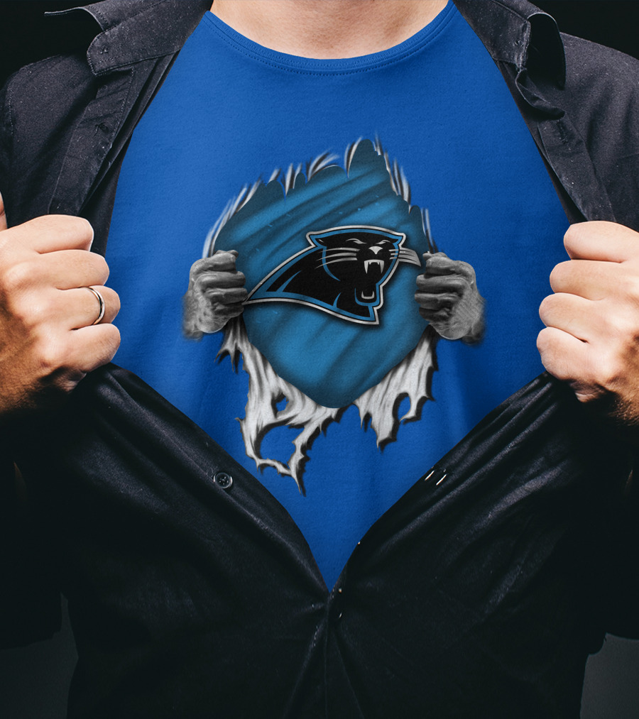 Torn Carolina Panthers Blue Black Logo Hands Ripping T-Shirt