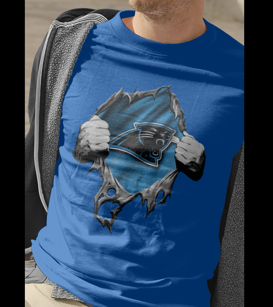 Torn Carolina Panthers Logo With Ripped Fabric And Clenched Hands T-Shirt