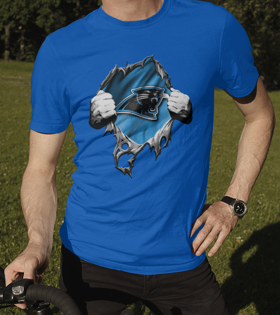 Torn Carolina Panthers Logo With Ripped Fabric And Clenched Hands T-Shirt