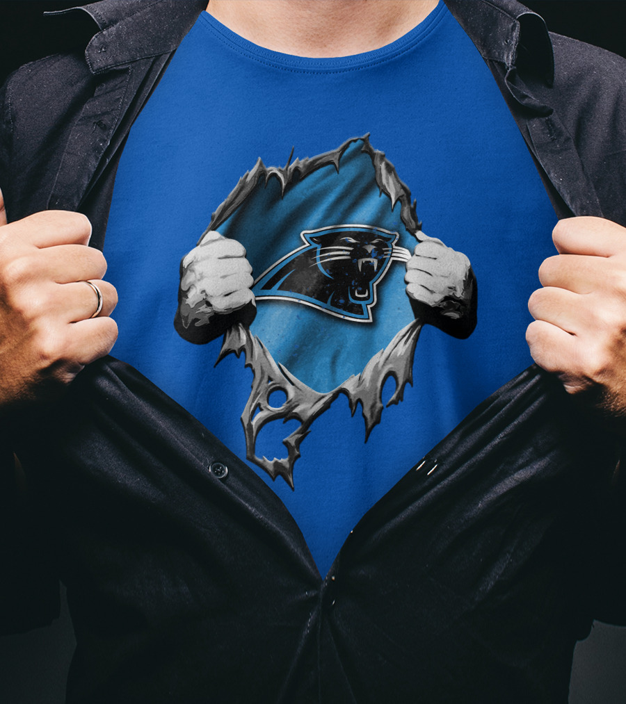 Torn Carolina Panthers Logo With Ripped Fabric And Clenched Hands T-Shirt