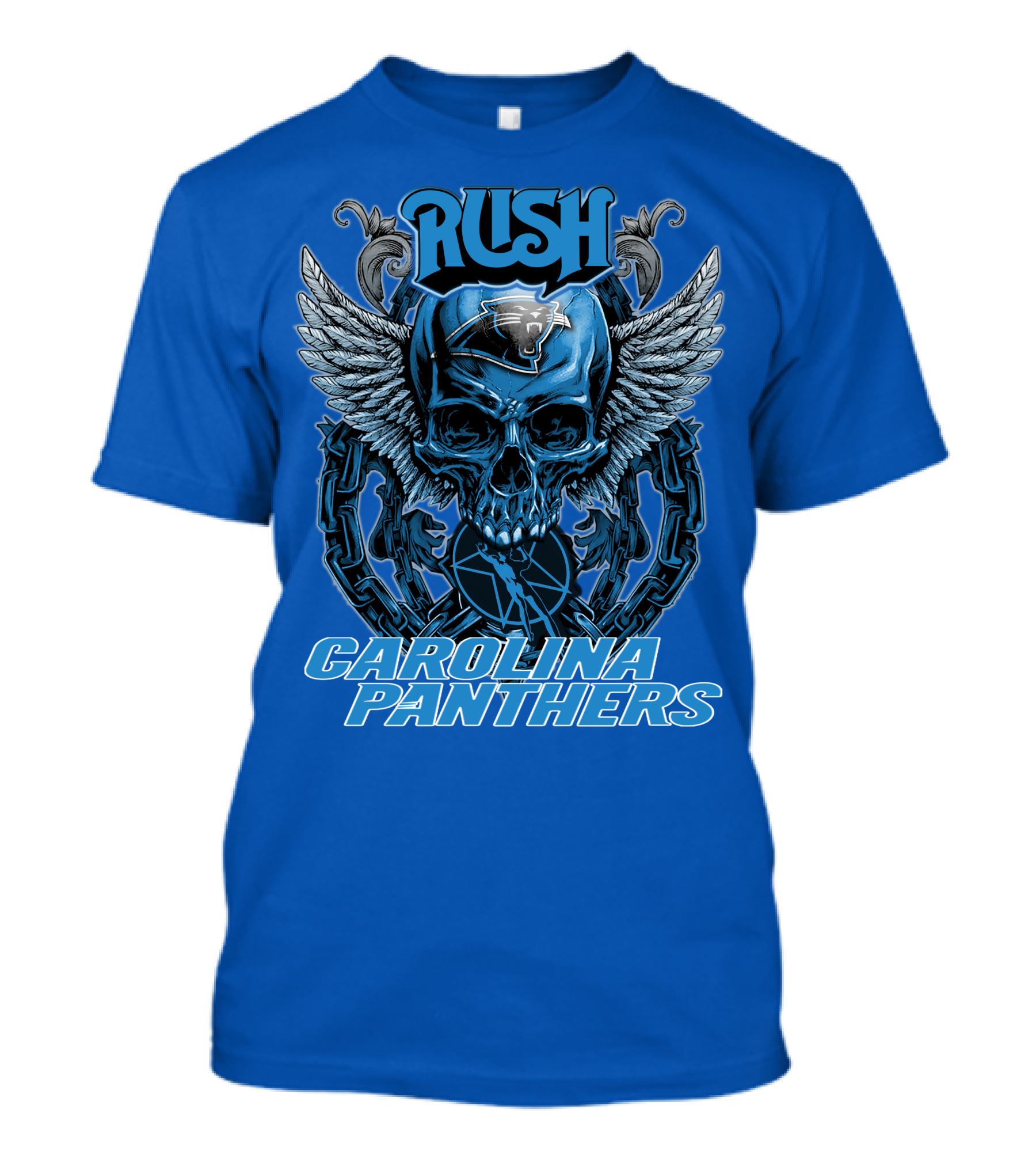 RUSH CAROLINA PANTHERS Skull Wings Helmet Chain T-Shirt