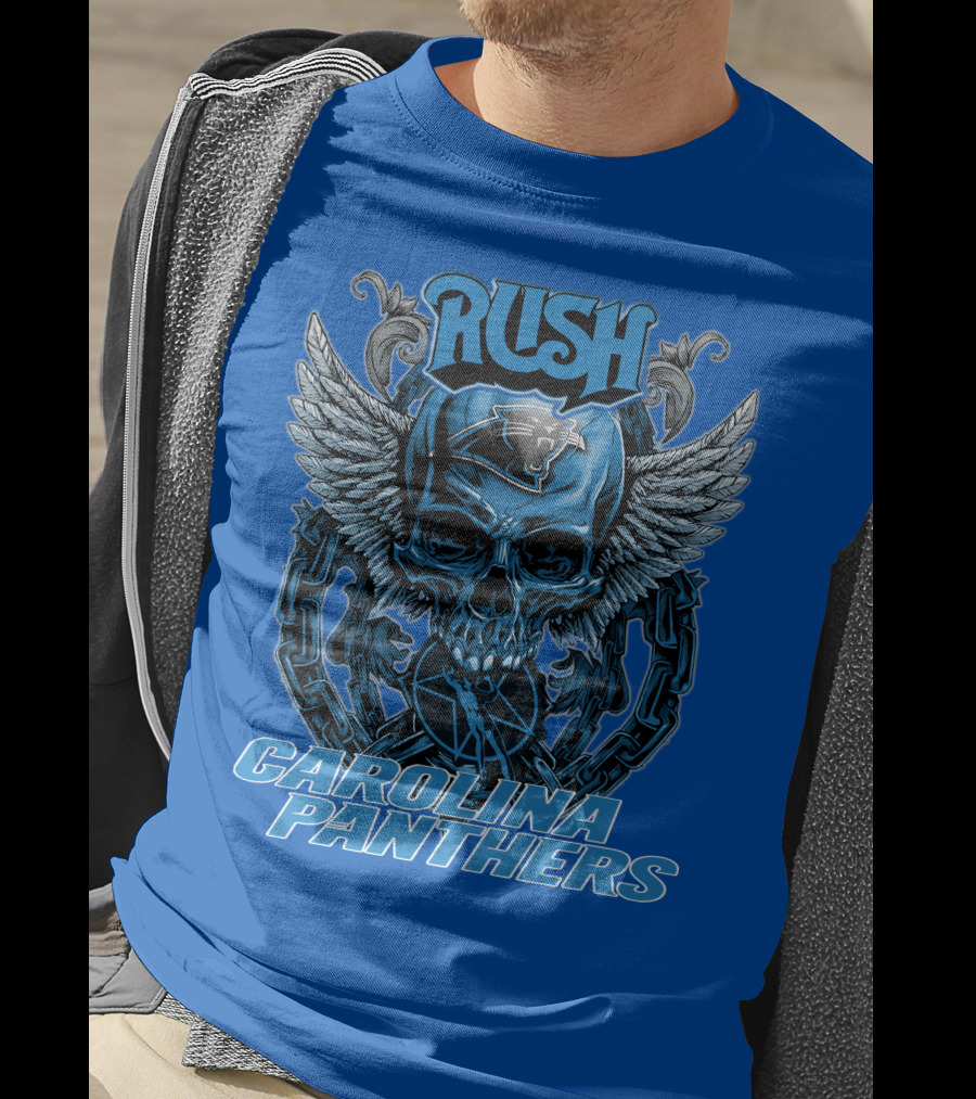 RUSH CAROLINA PANTHERS Skull Wings Helmet Chain T-Shirt
