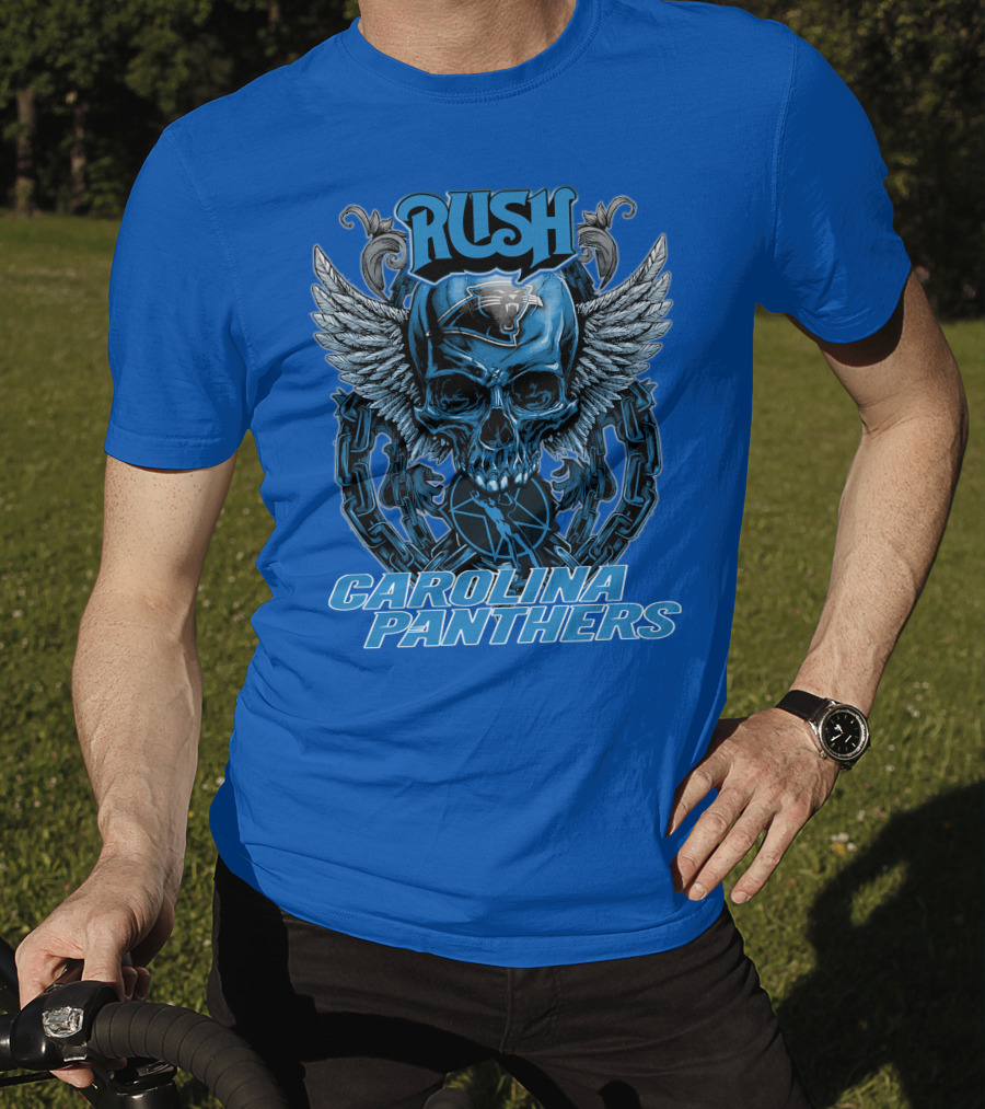 RUSH CAROLINA PANTHERS Skull Wings Helmet Chain T-Shirt